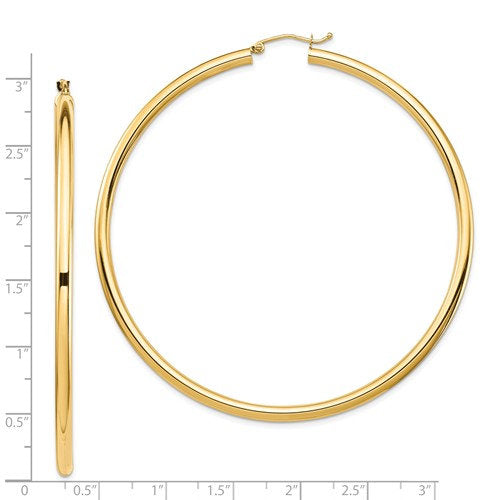 14K Yellow Gold 70mm x 3mm Extra Large Giant Gigantic Big Lightweight Round Classic Hoop Earrings