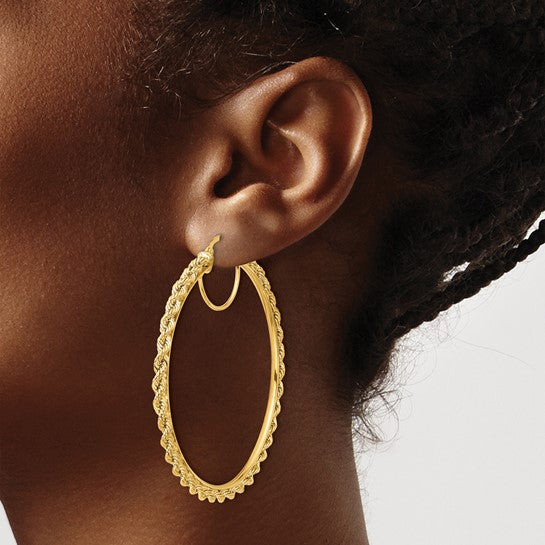 10K Yellow Gold 55mm x 2.95mm Rope Round Hoop Earrings