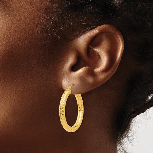 10K Yellow Gold Diamond Cut Round Hoop Earrings 30mmx4mm