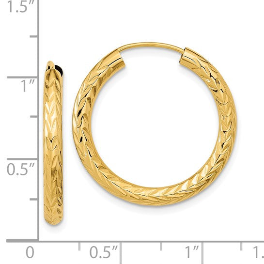 10K Yellow Gold Diamond Cut 25mm x 3mm Endless Hoop Earrings