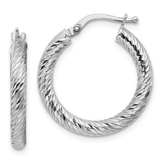 10K White Gold Round Diamond Cut Hoop Earrings