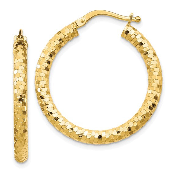 10k Yellow Gold Diamond Cut Round Hoop Earrings Festive Sparkle Glitter Jewelry