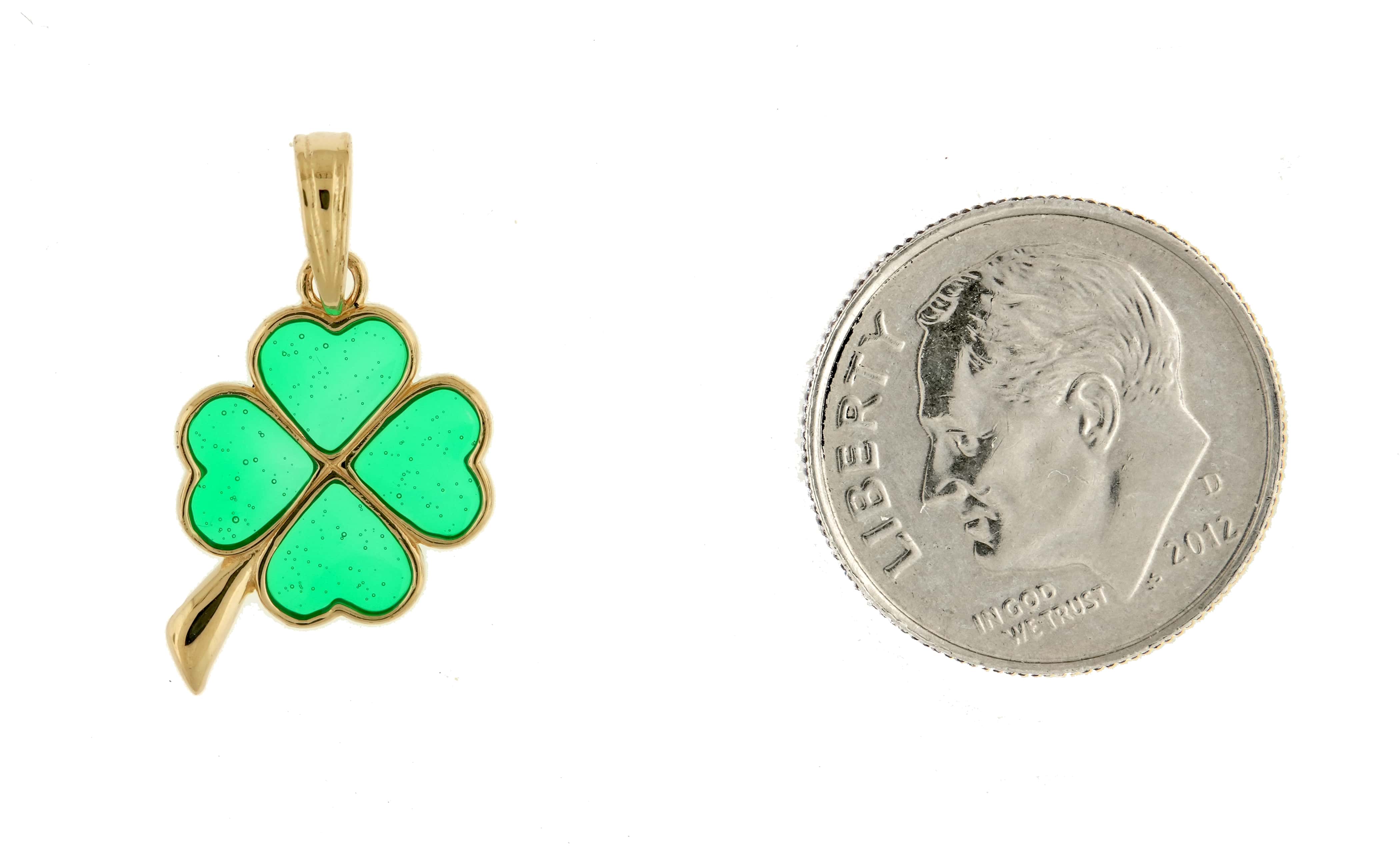 14k Yellow Gold Green Enamel Good Luck Four Leaf Clover Pendant Charm