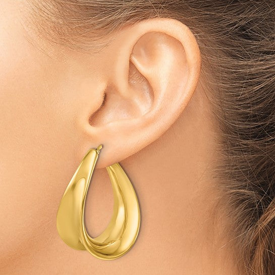 14k Yellow Gold Contoured Oval Teardrop Hoop Earrings