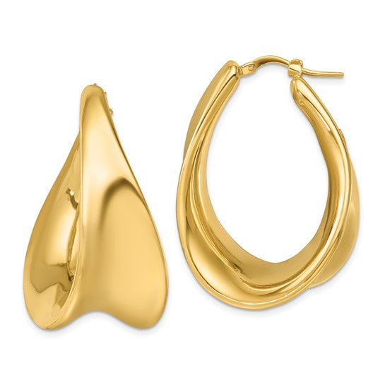 14k Yellow Gold Contoured Oval Teardrop Hoop Earrings