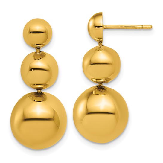 14K Yellow Gold Graduated Ball Drop Dangle Post Push Back Earrings