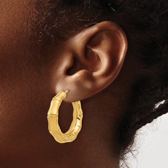 14k Yellow Gold Bamboo Round Hoop Earrings