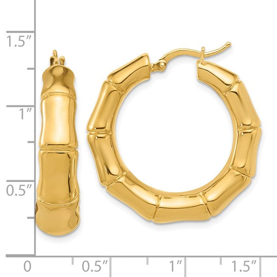 14k Yellow Gold Bamboo Round Hoop Earrings