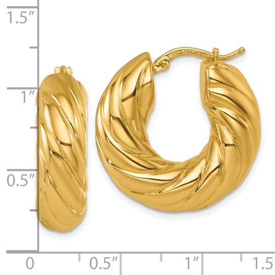 18K Yellow Gold 25mm x 8mm Twisted Round Classic Hoop Earrings