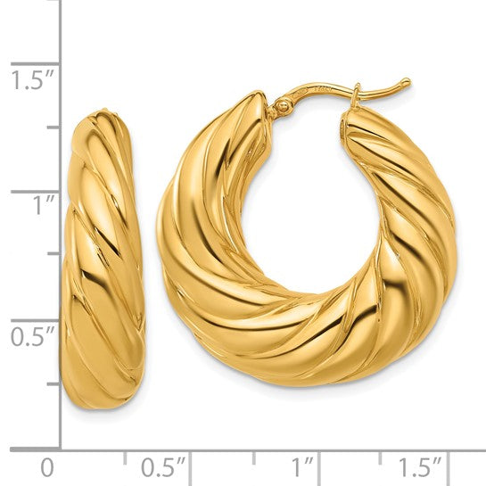 18K Yellow Gold 29mm x 10mm Twisted Graduated Hoop Earrings