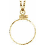 Kép betöltése a galériamegjelenítőbe: 14K Yellow Gold Coin Holds 16.5mm Coins 1/10 oz American Eagle 1/10 South African Krugerrand Diamond Cut Coin Bezel Screw Top Pendant Charm
