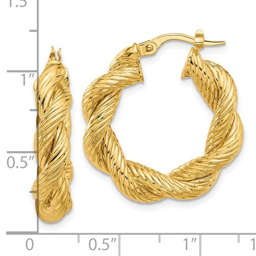 14k Yellow Gold Classic Round Twisted Textured Hoop Earrings 25mm x 5.7mm
