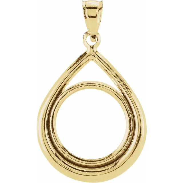 14K Yellow Gold Holds 16.4mm Coins 1/10 oz American Eagle 1/10 South African Krugerrand Coin Holder Teardrop Bezel Prong Tab Back Pendant Charm