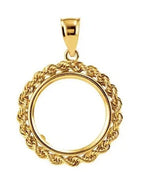 Lade das Bild in den Galerie-Viewer, 14K Yellow Gold Coin Holder for 17.9mm Coins or United States US $2.50 Dollar or Chinese Panda 1/10 oz Tab Back Frame Rope Design Pendant Charm
