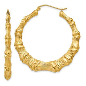 14K Yellow Gold Bamboo Design Round Hoop Earrings