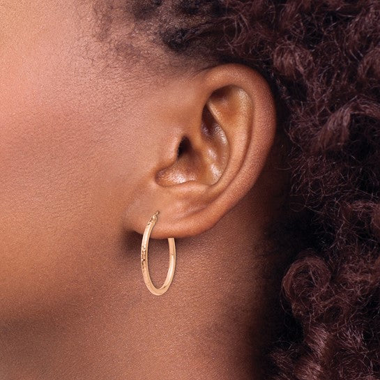 14K Rose Gold Diamond Cut Classic Round Hoop Earrings 25mm x 2mm