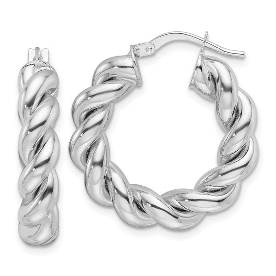 14k White Gold Classic Round Twisted Hoop Earrings 25mm x 5.3mm