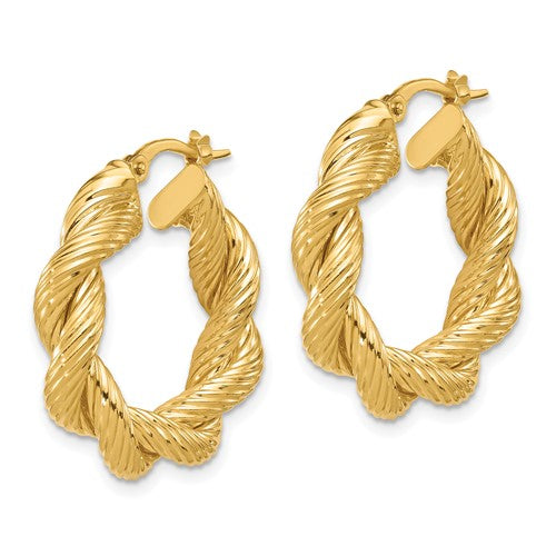 14k Yellow Gold Classic Round Twisted Textured Hoop Earrings 25mm x 5.7mm