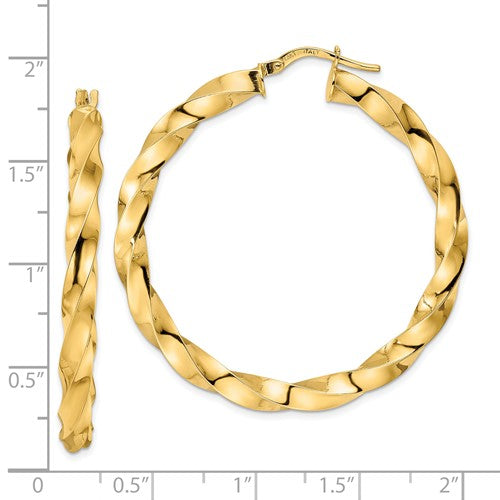 14k Yellow Gold Classic Twisted Spiral Round Hoop Earrings 43mm x 4mm