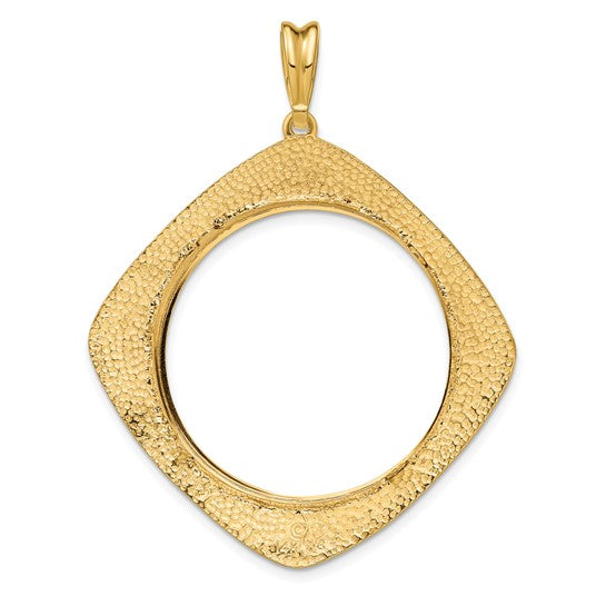 14k Yellow Gold Prong Coin Bezel Holder for 30mm Coins or 1 oz Maple Leaf 1/2 oz Cat Diamond Shaped Beaded Pendant Charm