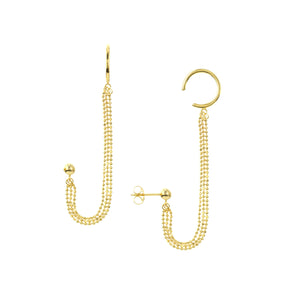 14k Yellow Gold Diamond Cut Multi Bead Chain Drape Ear Cuff Earrings