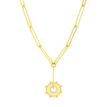 画像をギャラリービューアに読み込む, 14K Yellow Gold Diamond Sun Round Medallion Paper Clip Chain Lariat Y Necklace
