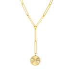 Загрузить изображение в средство просмотра галереи, 14K Yellow Gold Diamond Radiant Sun Round Medallion Paper Clip Chain Lariat Y Necklace
