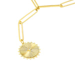 画像をギャラリービューアに読み込む, 14K Yellow Gold Diamond Radiant Sun Round Medallion Paper Clip Chain Lariat Y Necklace
