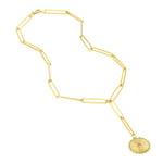Carica l&#39;immagine nel visualizzatore di Gallery, 14K Yellow Gold Diamond Radiant Sun Round Medallion Paper Clip Chain Lariat Y Necklace
