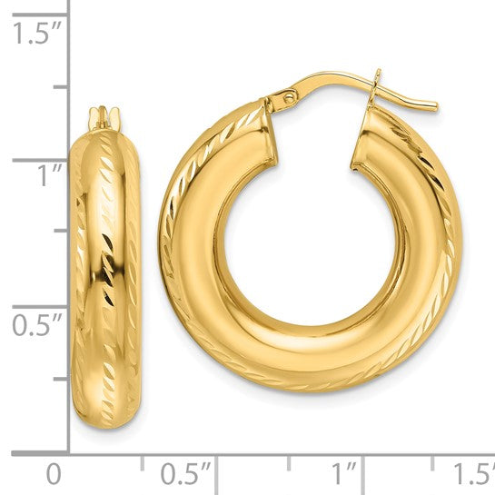 14K Yellow Gold 26mm x 6mm Diamond Cut Round Hoop Earrings