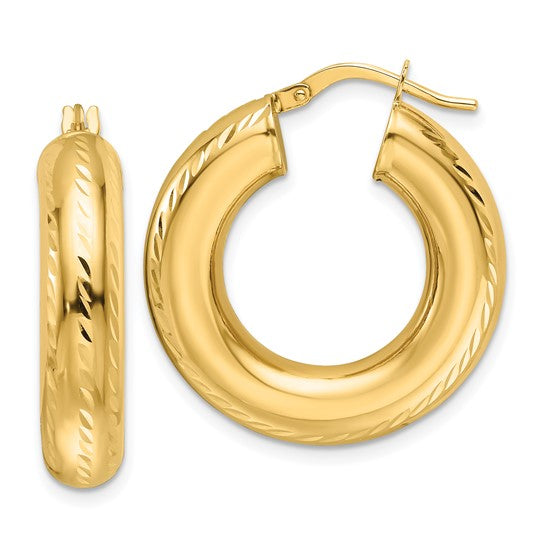 14K Yellow Gold 26mm x 6mm Diamond Cut Round Hoop Earrings