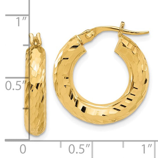 14K Yellow Gold 19mm x 4mm Diamond Cut Round Hoop Earrings