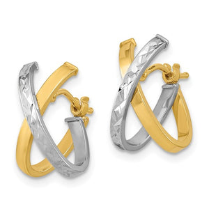 14k Yellow White Gold Two Tone Diamond Cut X Loop Hoop Earrings