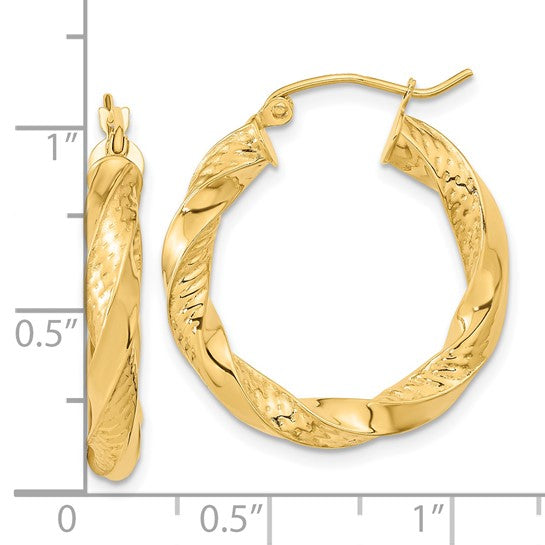 14K Yellow Gold Diamond Cut Twisted Round Hoop Earrings 24mm x 3.75mm