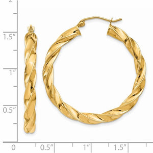 14K Yellow Gold Twisted Round Hoop Earrings 36mm x 4mm