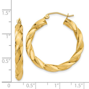 14K Yellow Gold Twisted Round Hoop Earrings 30mm x 4mm