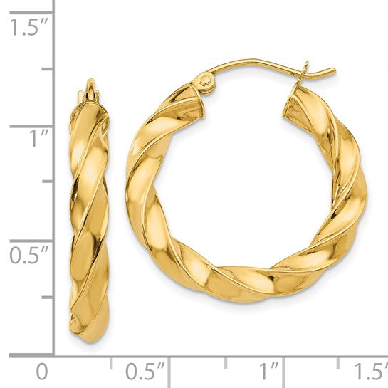 14K Yellow Gold Twisted Round Hoop Earrings 26mm x 4mm