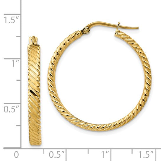 14k Yellow Gold Textured Patterned Round Hoop Earrings