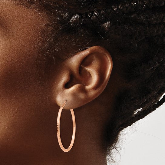 14K Rose Gold Diamond Cut Classic Round Hoop Earrings 35mm x 2mm