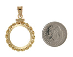 Lataa kuva Galleria-katseluun, 14K Yellow Gold 1/10 oz American Eagle 1/10 oz Krugerrand Coin Holder Holds 16.5mm Coins Rope Bezel Screw Top Pendant Charm
