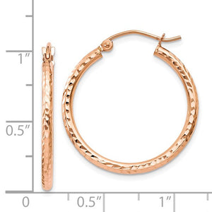 14K Rose Gold Diamond Cut Classic Round Hoop Earrings 25mm x 2mm