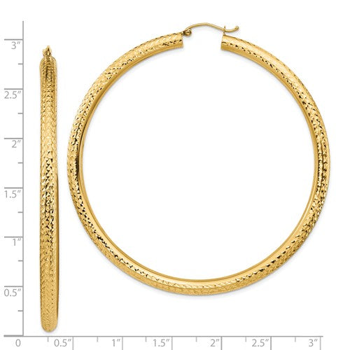 14K Yellow Gold Diamond Cut Round Hoop Earrings 70mm x 4mm