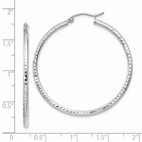 14K White Gold Diamond Cut Round Hoop Textured Earrings 40mm x 2mm