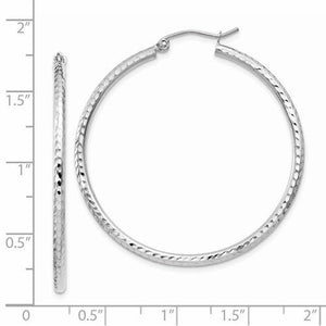 14K White Gold Diamond Cut Round Hoop Textured Earrings 40mm x 2mm