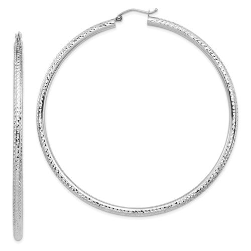 14K White Gold 74mm x 3mm Extra Large Diamond Cut Round Classic Hoop Earrings