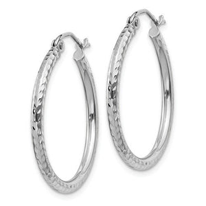 14K White Gold Diamond Cut Round Hoop Textured Earrings 25mm x 2mm