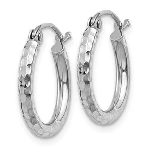 14K White Gold Diamond Cut Round Hoop Textured Earrings 15mm x 2mm