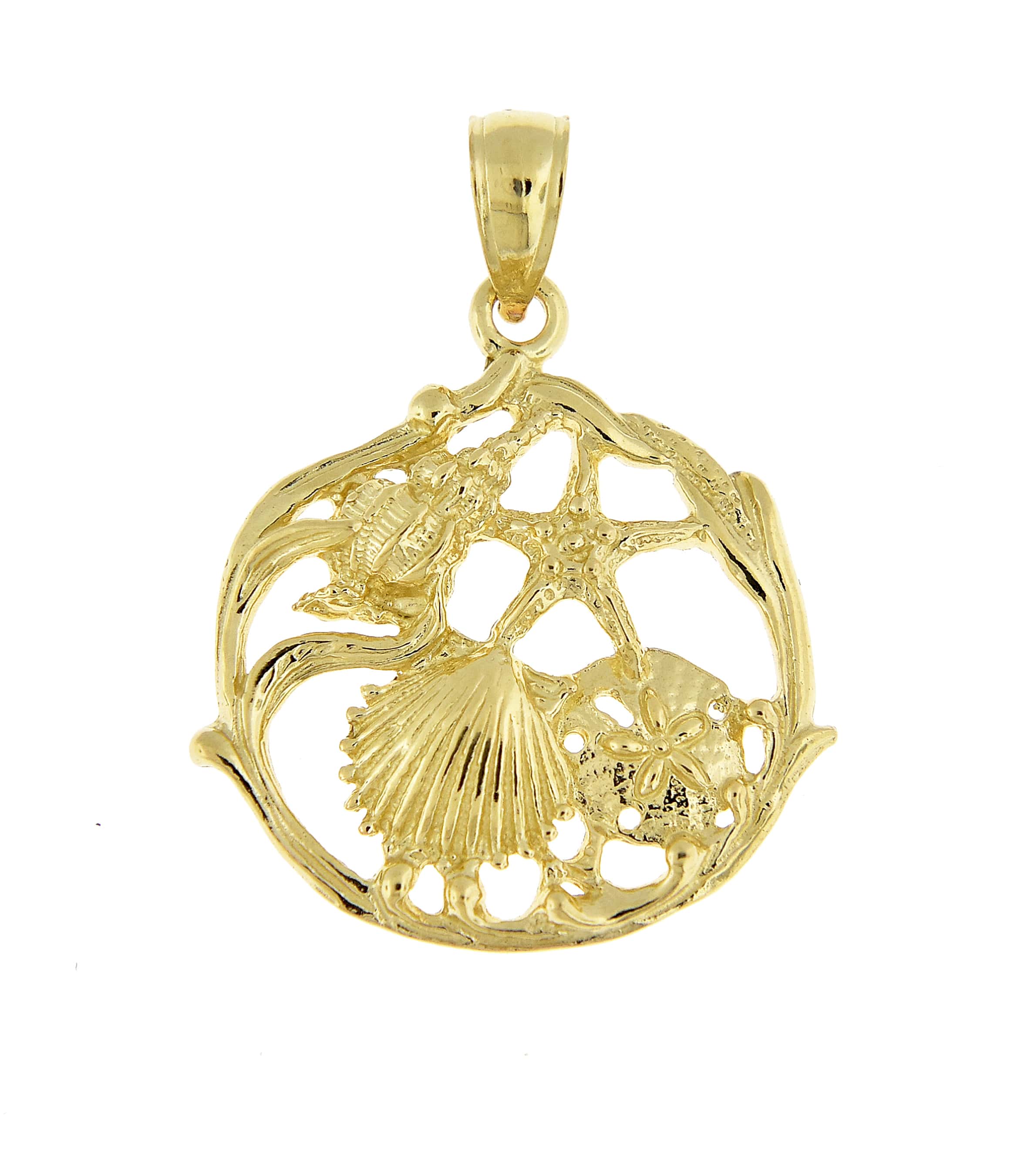 14k Yellow Gold Sand Dollar Starfish Scallop Clam Conch Shell Pendant Charm