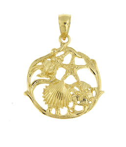 14k Yellow Gold Sand Dollar Starfish Scallop Clam Conch Shell Pendant Charm