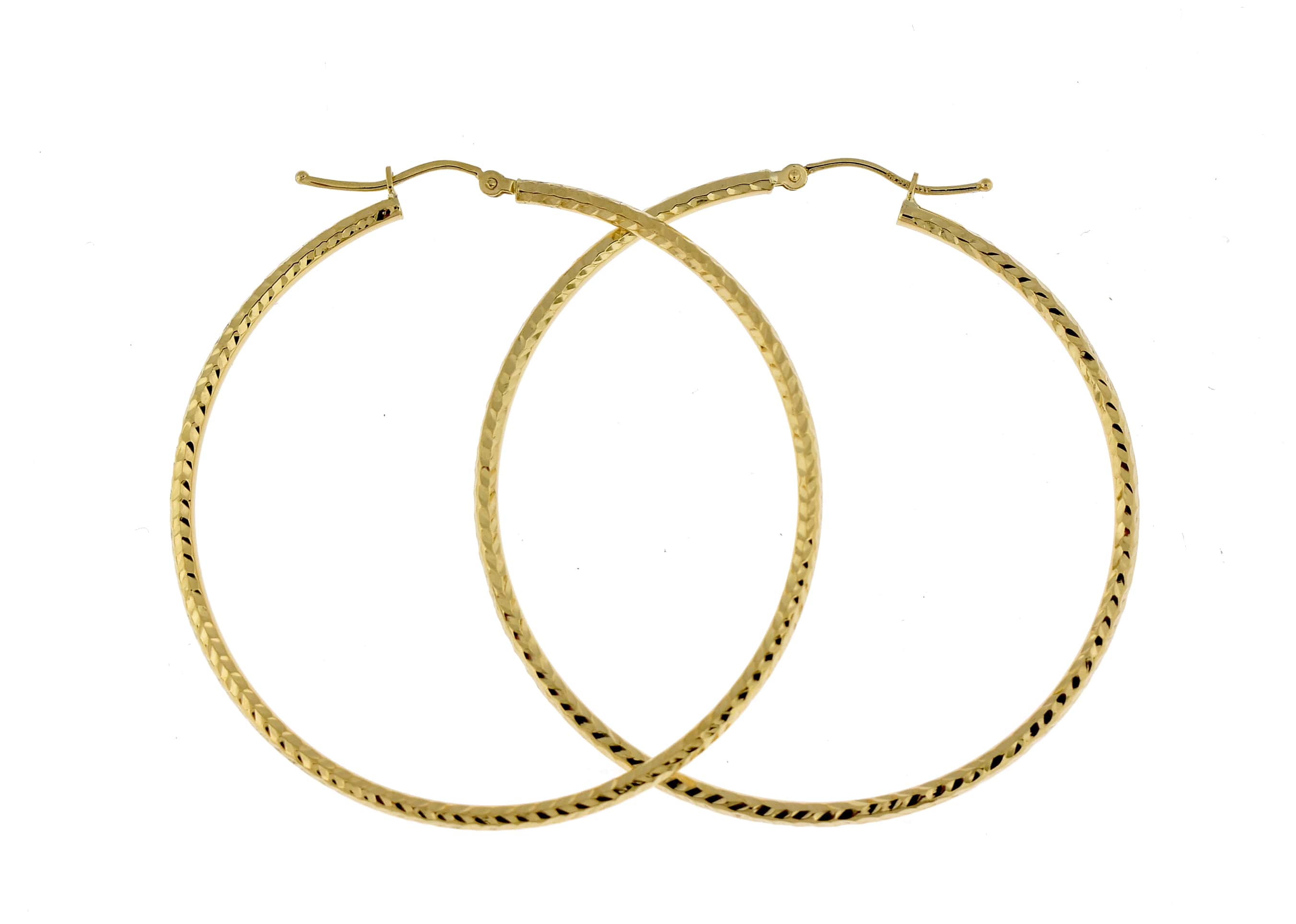 14K Yellow Gold Diamond Cut Round Hoop Textured Earrings 50mm x 2mm